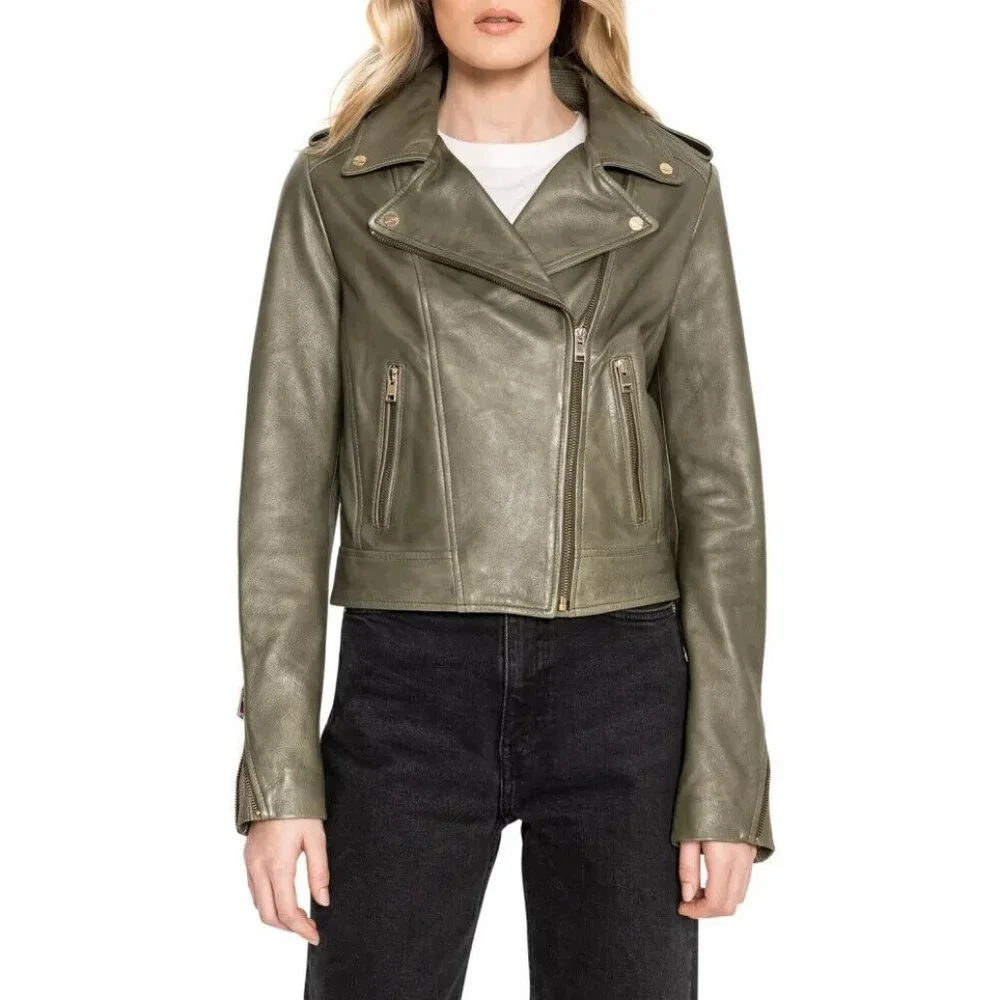 LAMARQUE Donna 21 Jacket In Vetiver Leather Biker Moto Jacket Casual sz S - Picture 6 of 16